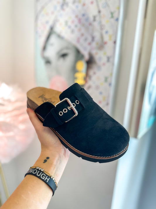 CORKY'S: Day Dream Black Faux Suede Clogs