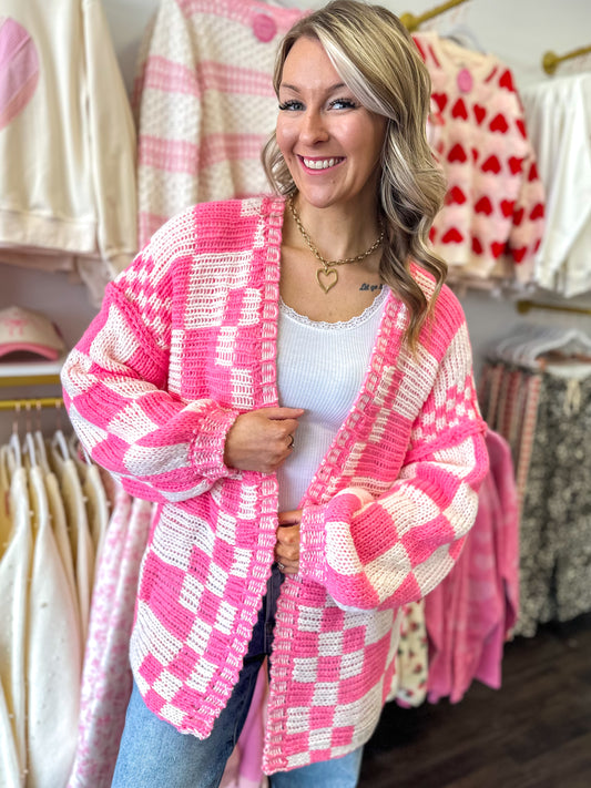 Checkmate Cutie Cardigan - Neon Pink