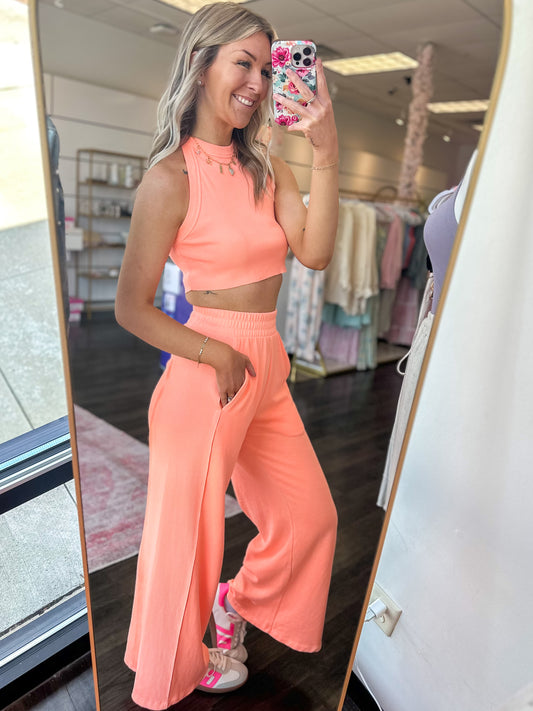Girl On The Go Halter Crop Top & Pants Set - Neon Coral