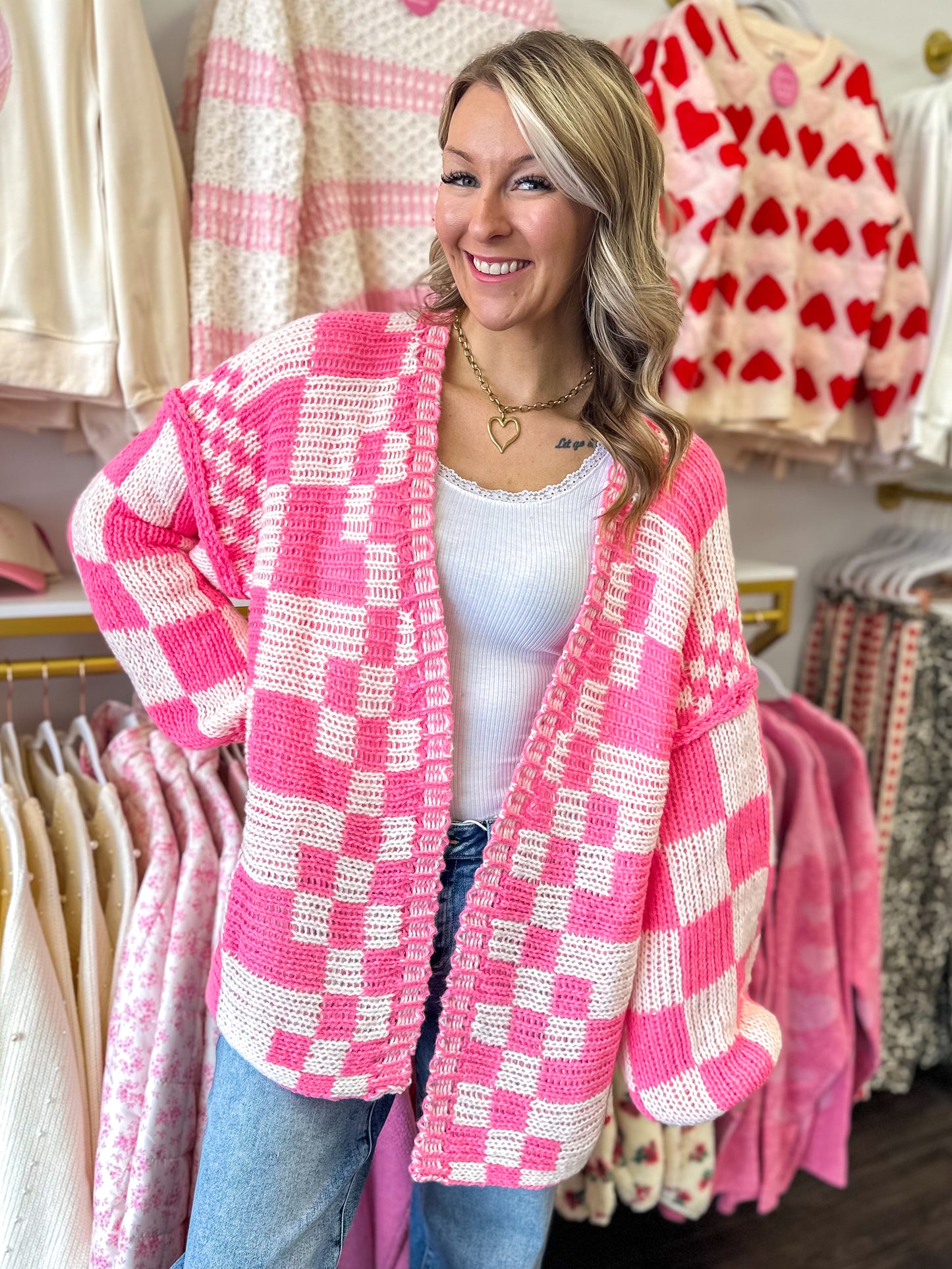 Checkmate Cutie Cardigan - Neon Pink