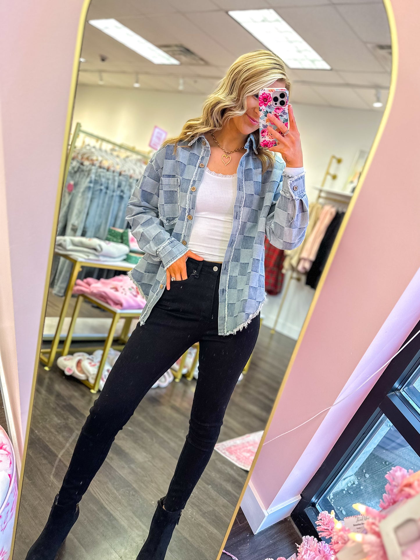 Checkered Chic Denim Shacket