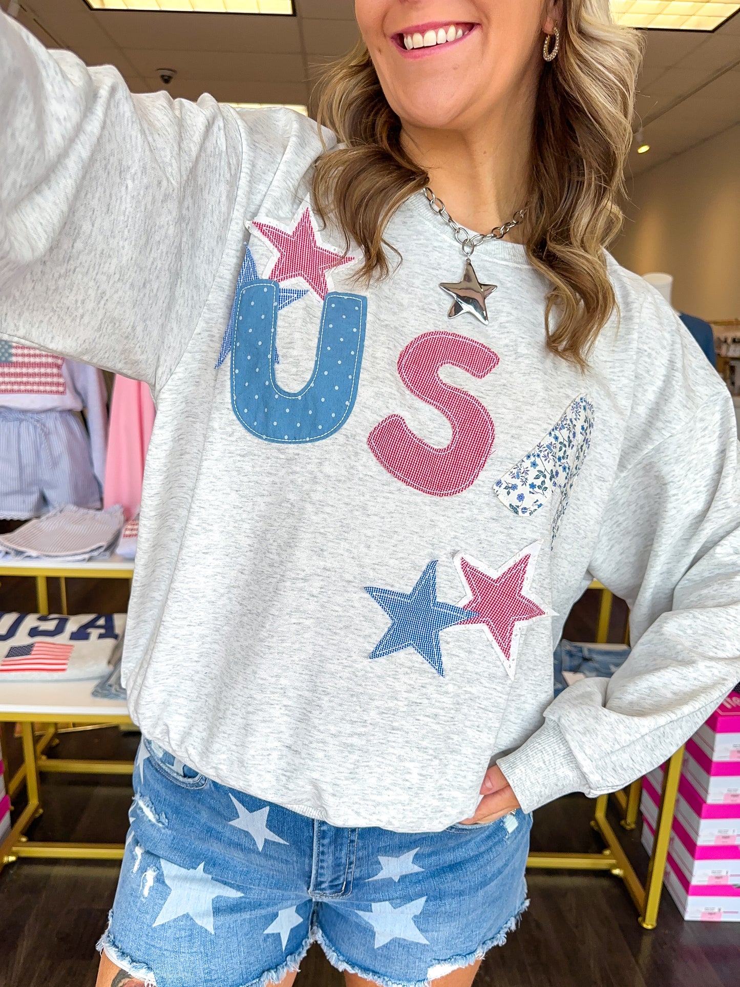 USA Patchwork Star Sweatshirt - Heather Ivory