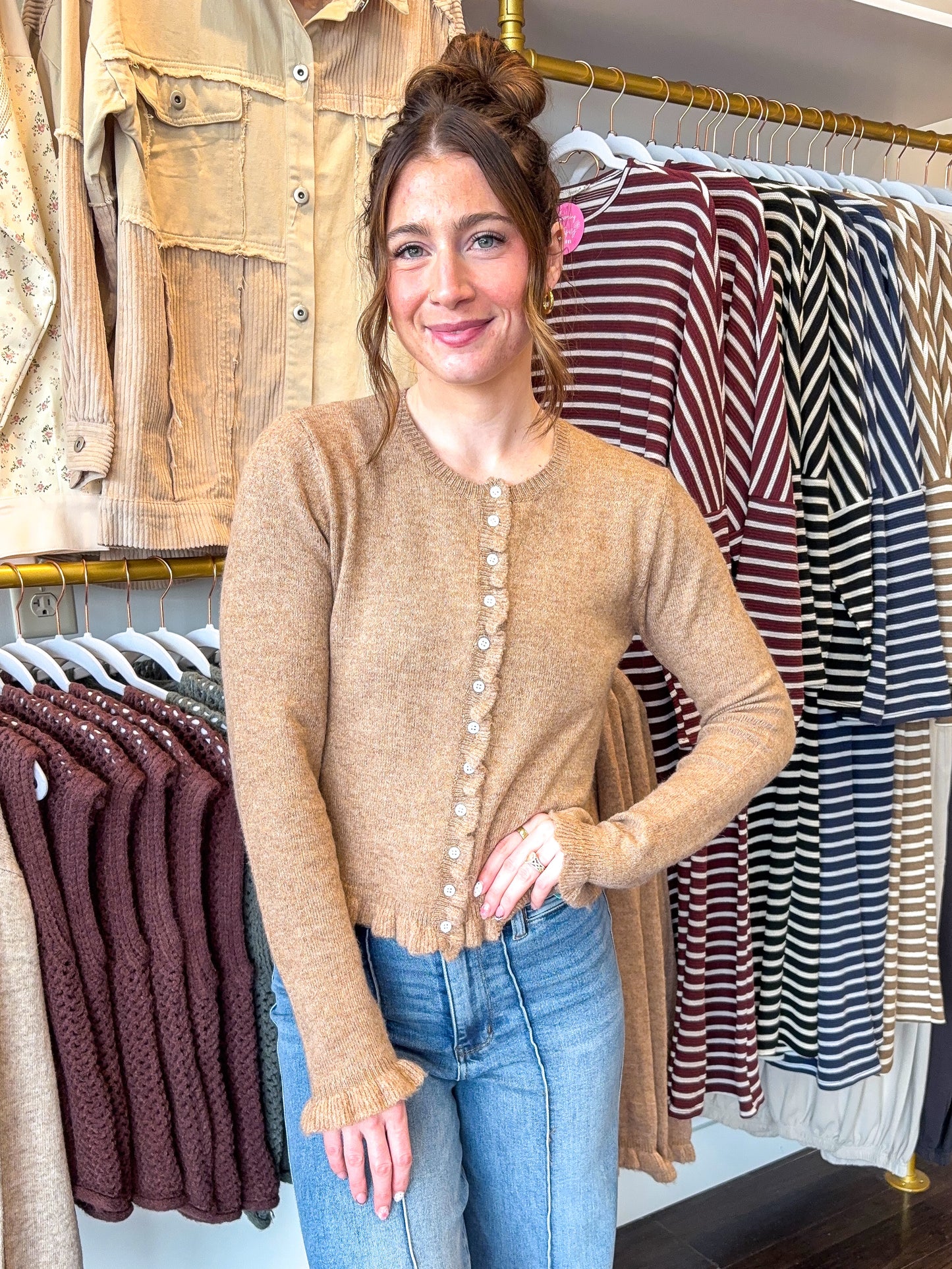 Mabel Ruffle Knit Cardigan - Caramel