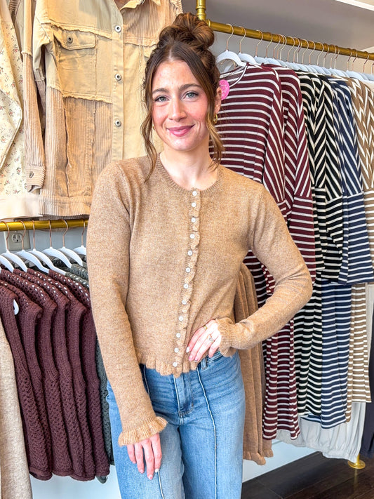 Mabel Ruffle Knit Cardigan - Caramel