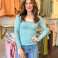 Rebecca Rib Knit Lace Top - Icy Blue