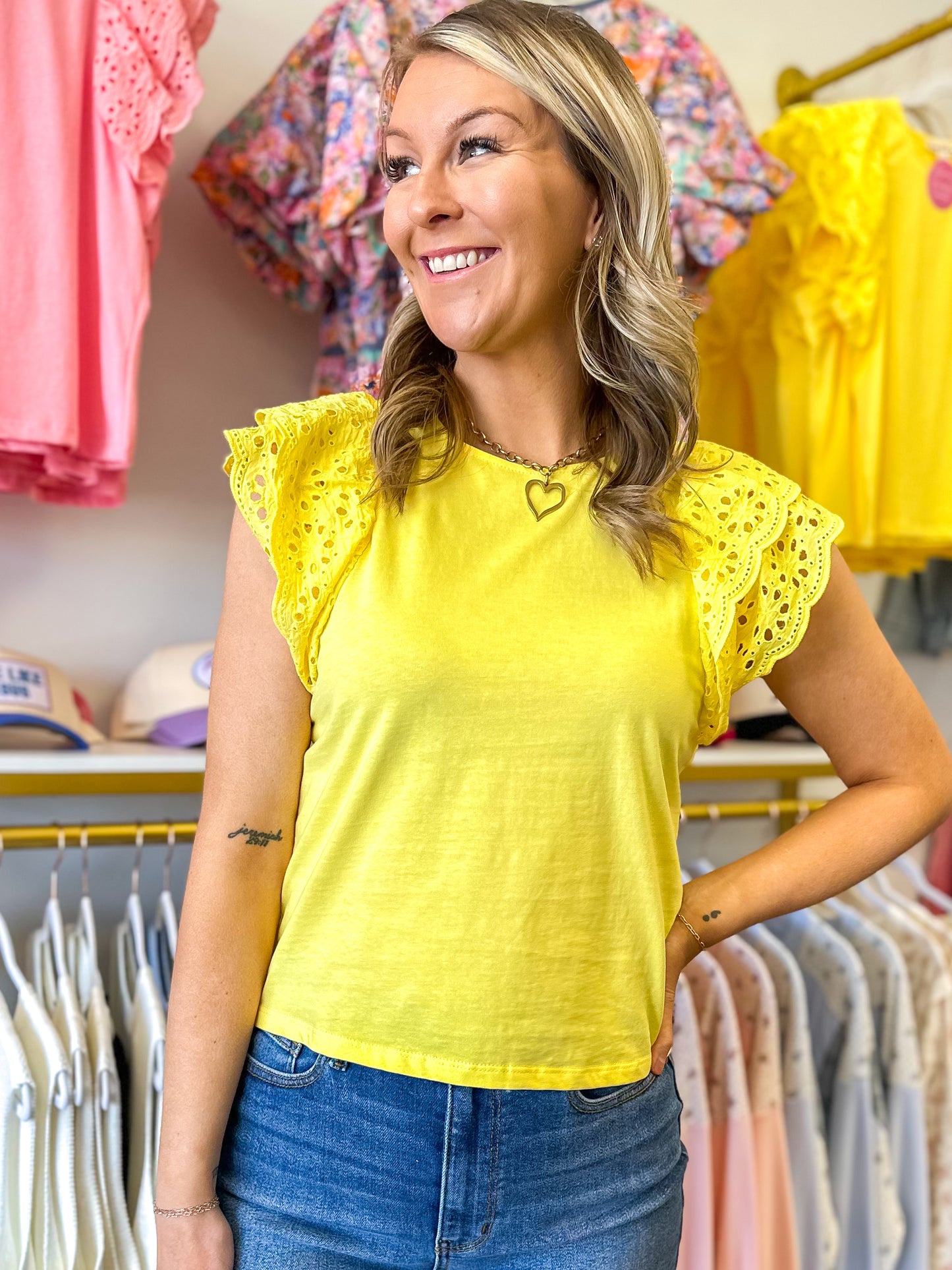 Ellery Eyelet Ruffle Top - Yellow