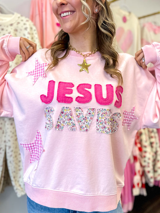 Jesus Saves Patchwork Crewneck - Icy Pink