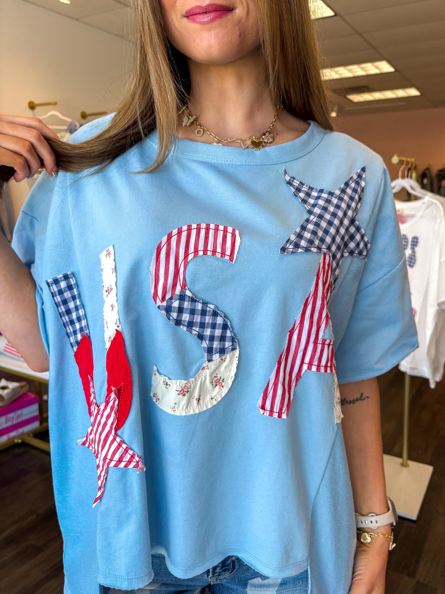 USA Patchwork Top - Light Denim