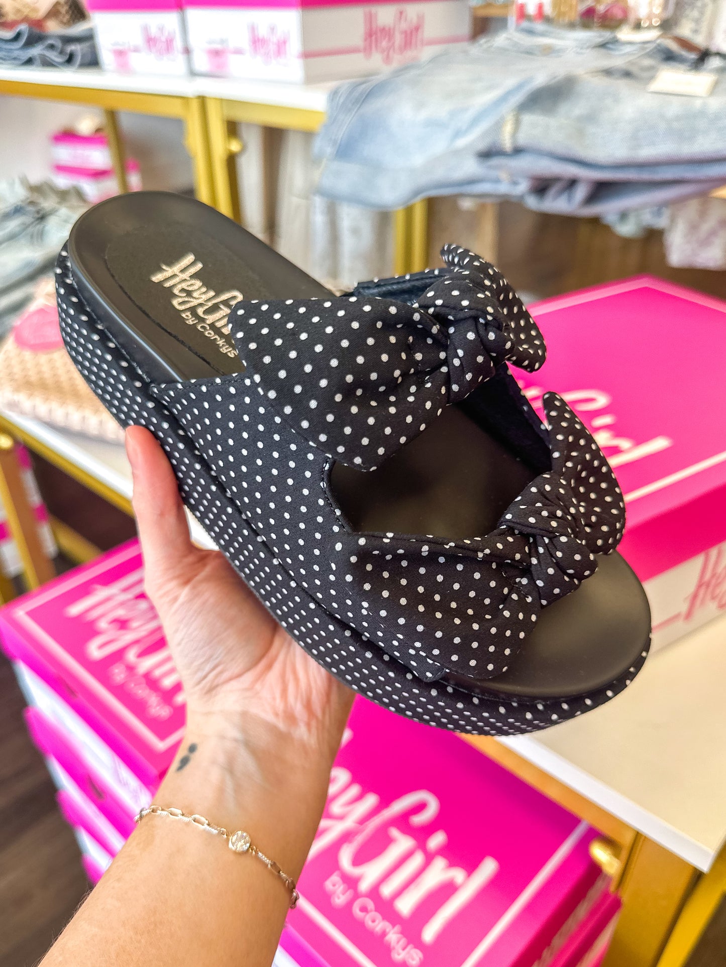 CORKY'S: Lil Bit Knotty Sandals - Black White Polka Dots