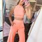 Girl On The Go Halter Crop Top & Pants Set - Neon Coral