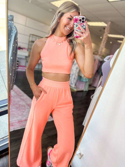 Girl On The Go Halter Crop Top & Pants Set - Neon Coral