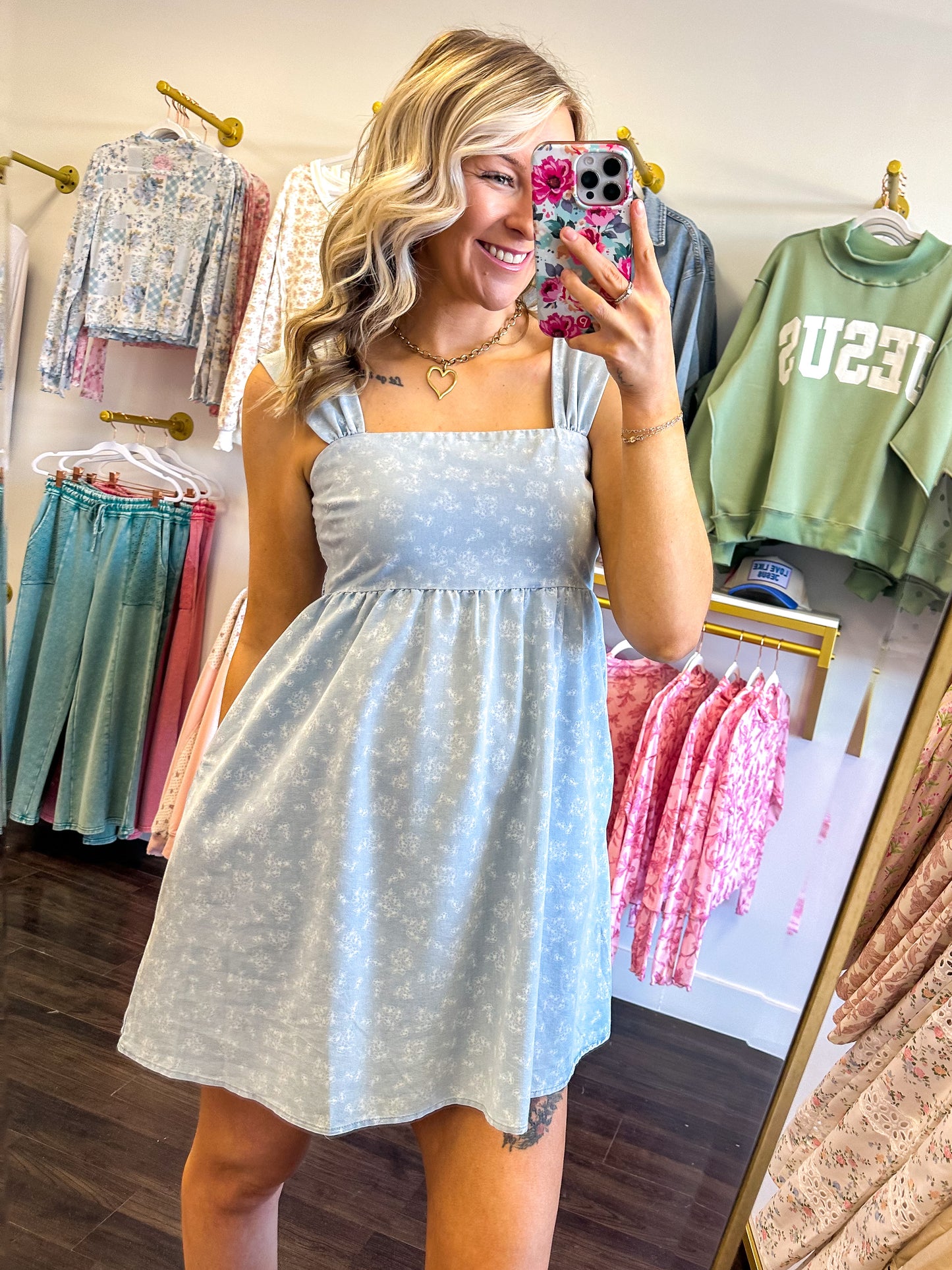 Fallon Floral Chambray Denim Mini Dress