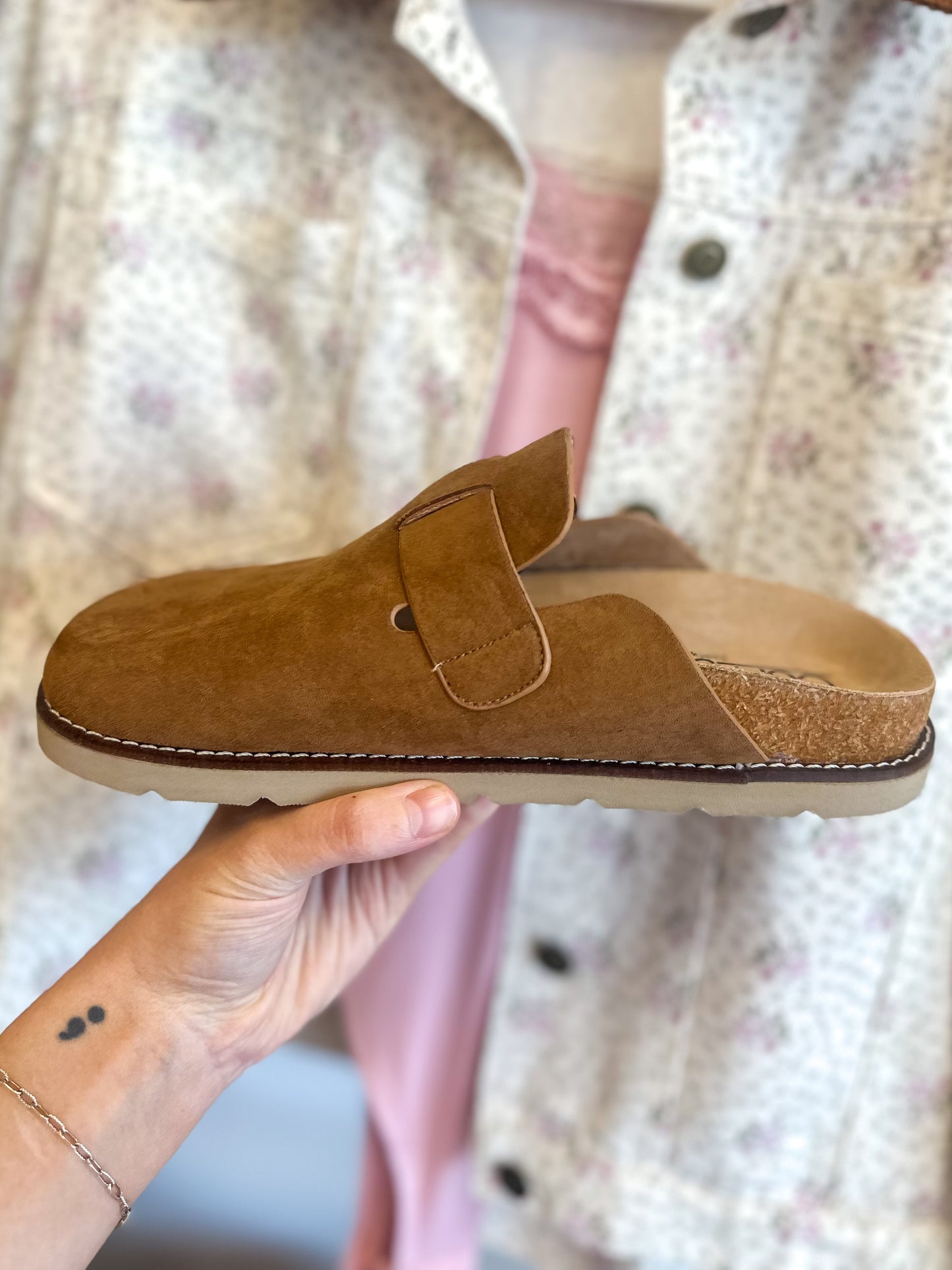 CORKY'S: Distracted Camel Faux Suede Clogs