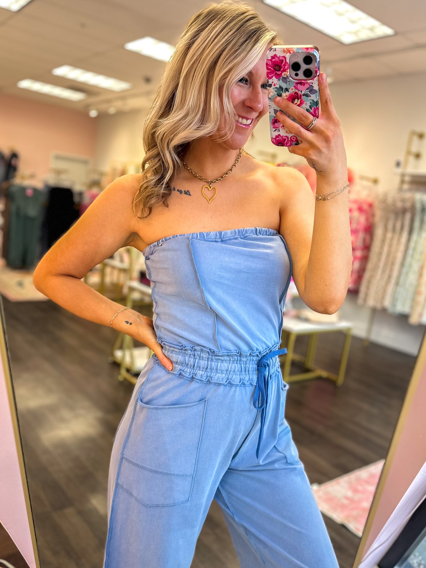 Sloane Strapless Jumpsuit - Washed Blue