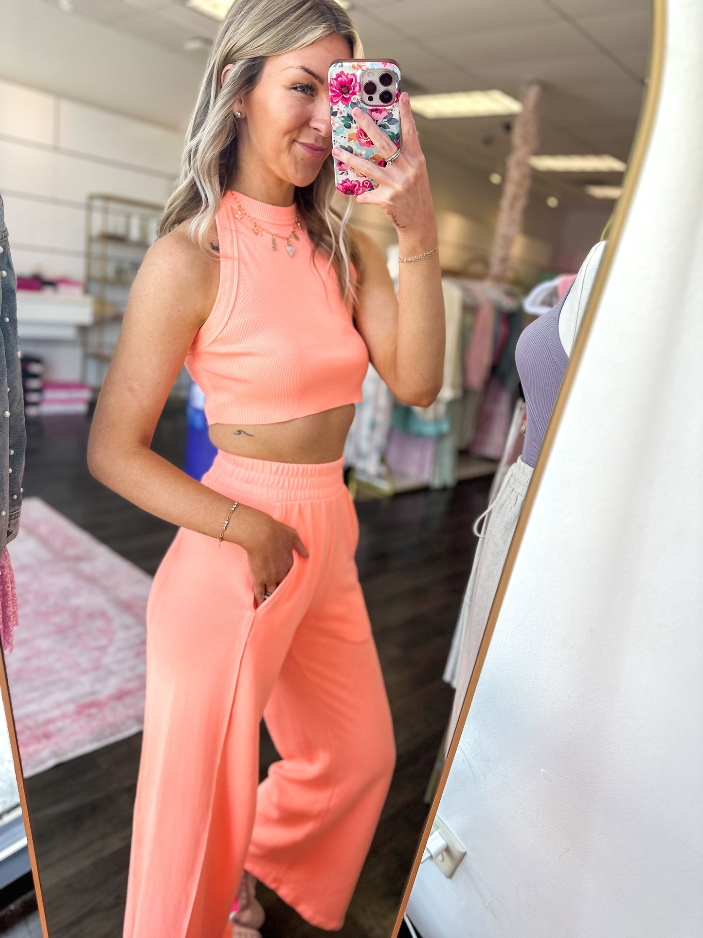 Girl On The Go Halter Crop Top & Pants Set - Neon Coral