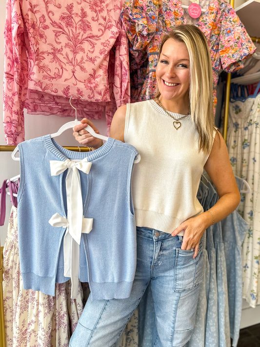 Brielle Bow Back Sweater Top - Sky Blue/Off White