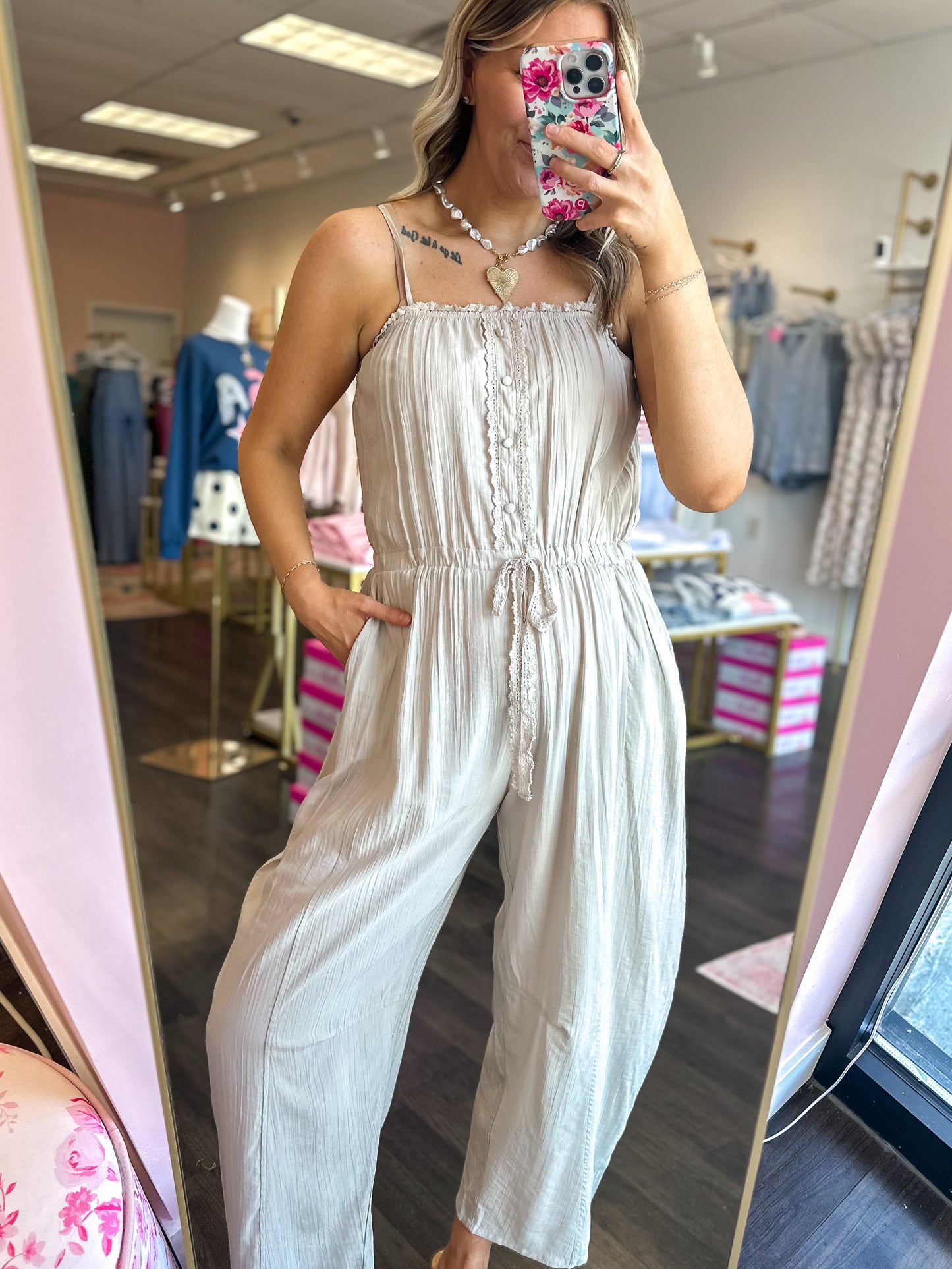 Lace Luxe Barrel Jumpsuit - Soft Beige