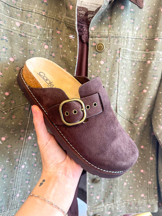 CORKY'S: Distracted Chocolate Faux Suede Clogs