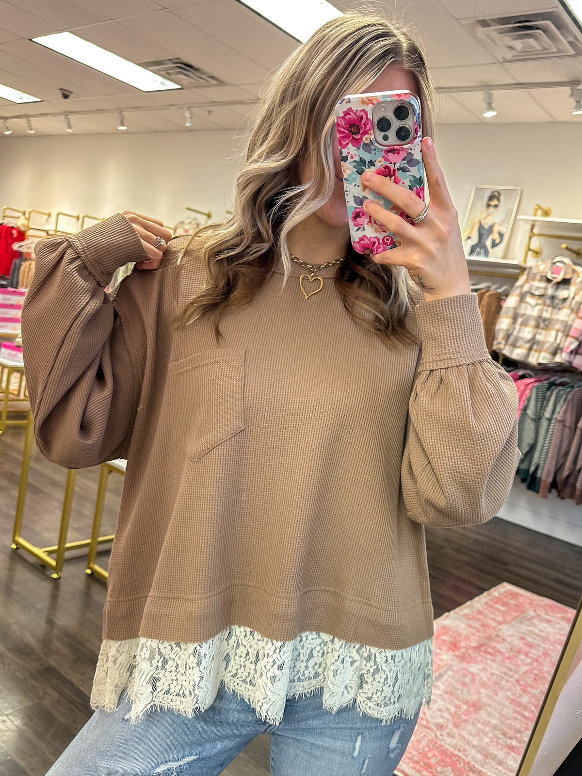 Lottie Lace Trim Thermal Top - Latte