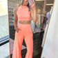 Girl On The Go Halter Crop Top & Pants Set - Neon Coral