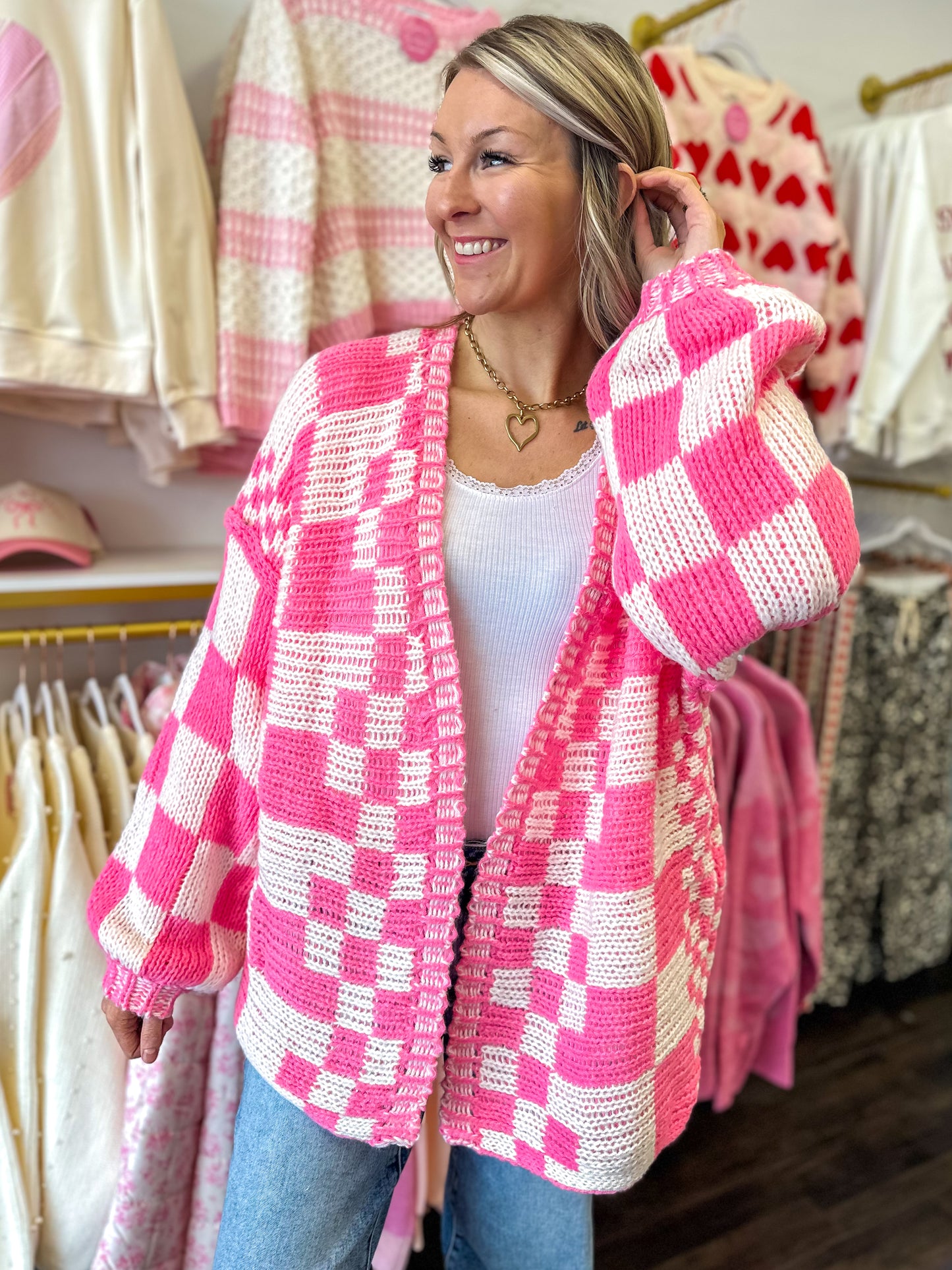 Checkmate Cutie Cardigan - Neon Pink