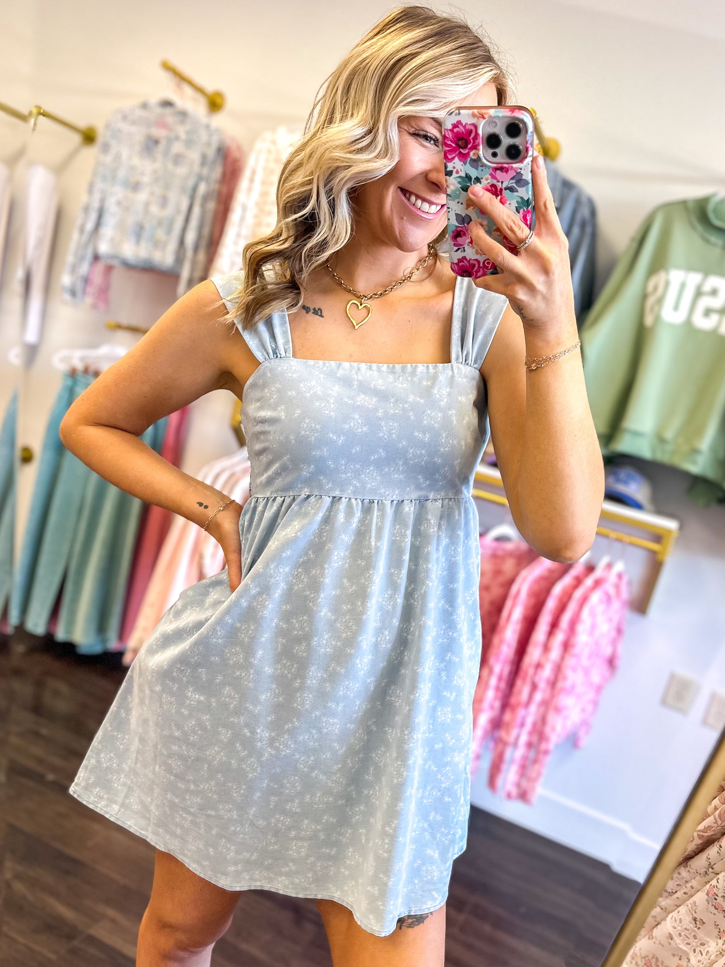 Fallon Floral Chambray Denim Mini Dress