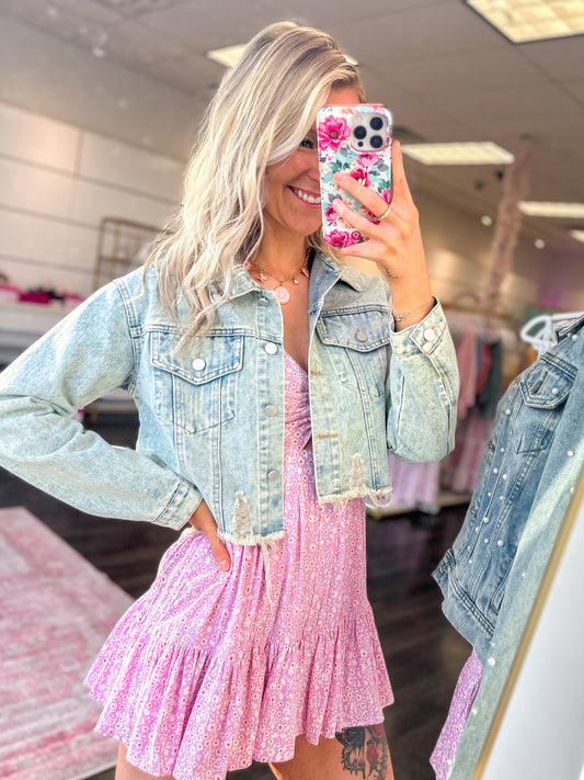 Rebel Ripped Cropped Denim Jacket - Light Wash