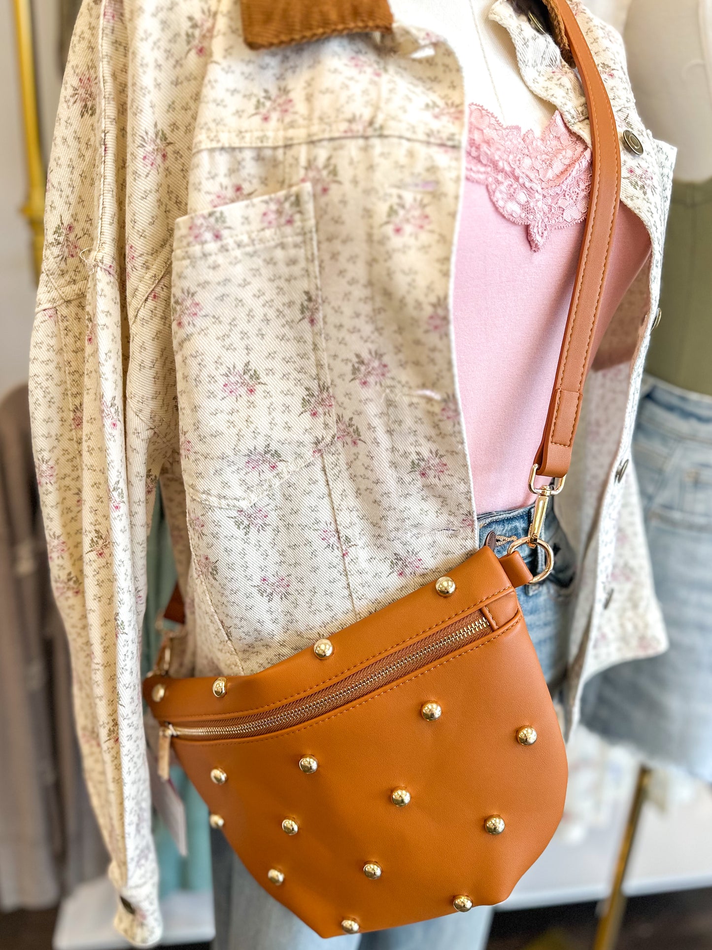 Chic Gold Studded Westlyn Bum Bag - Brown