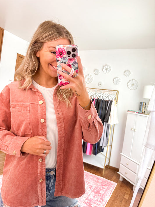 Winnie Washed Corduroy Shacket - Dusty Rose