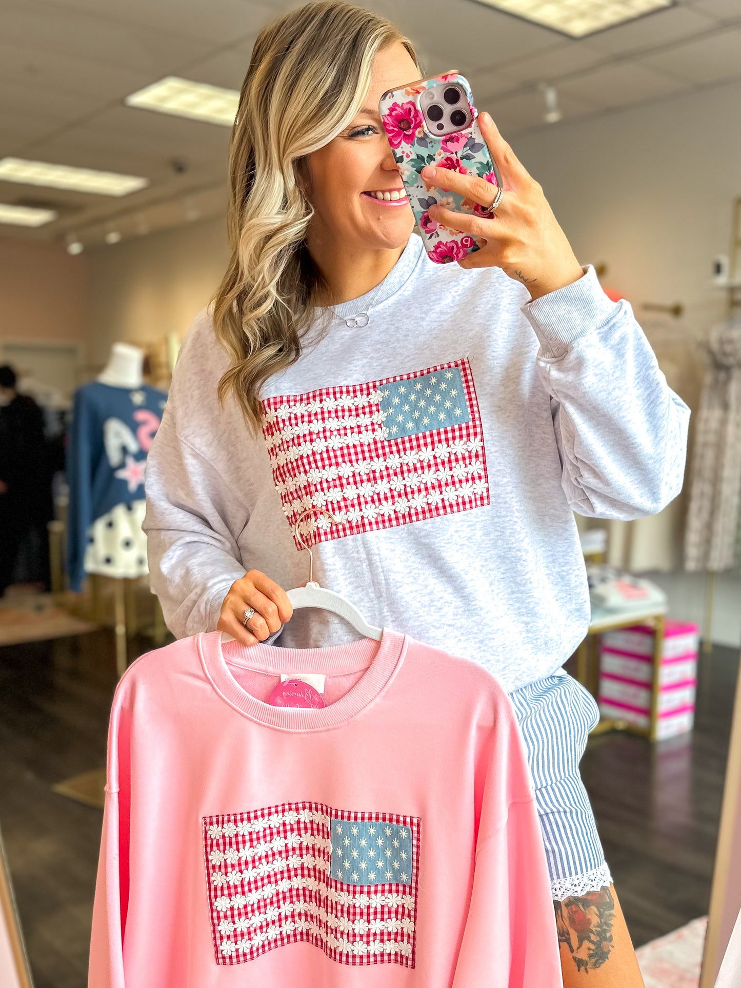 Floral Freedom Crewneck - Heather Grey