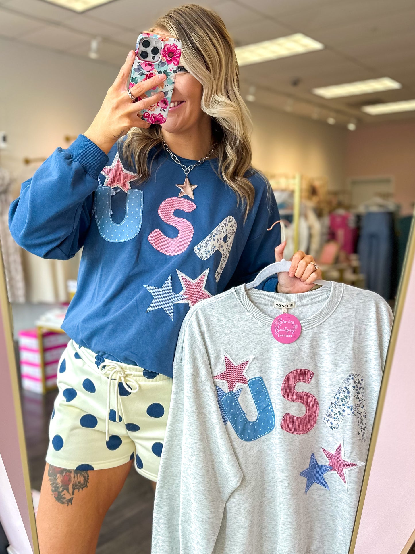 USA Patchwork Star Sweatshirt - Heather Ivory