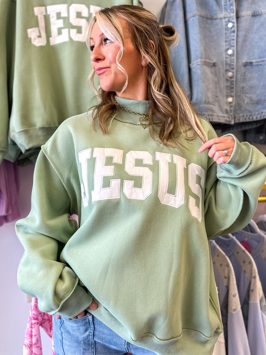 Jesus Embroidered Mock Neck Sweatshirt - Sage