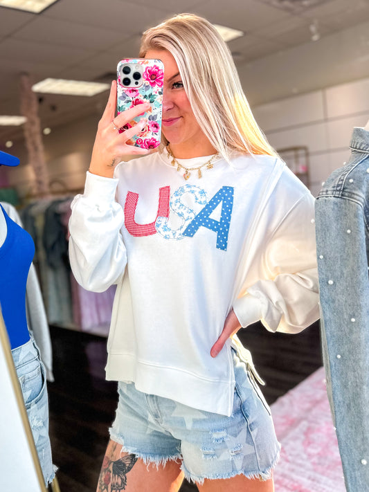 USA Patchwork Crewneck Long Sleeve Top