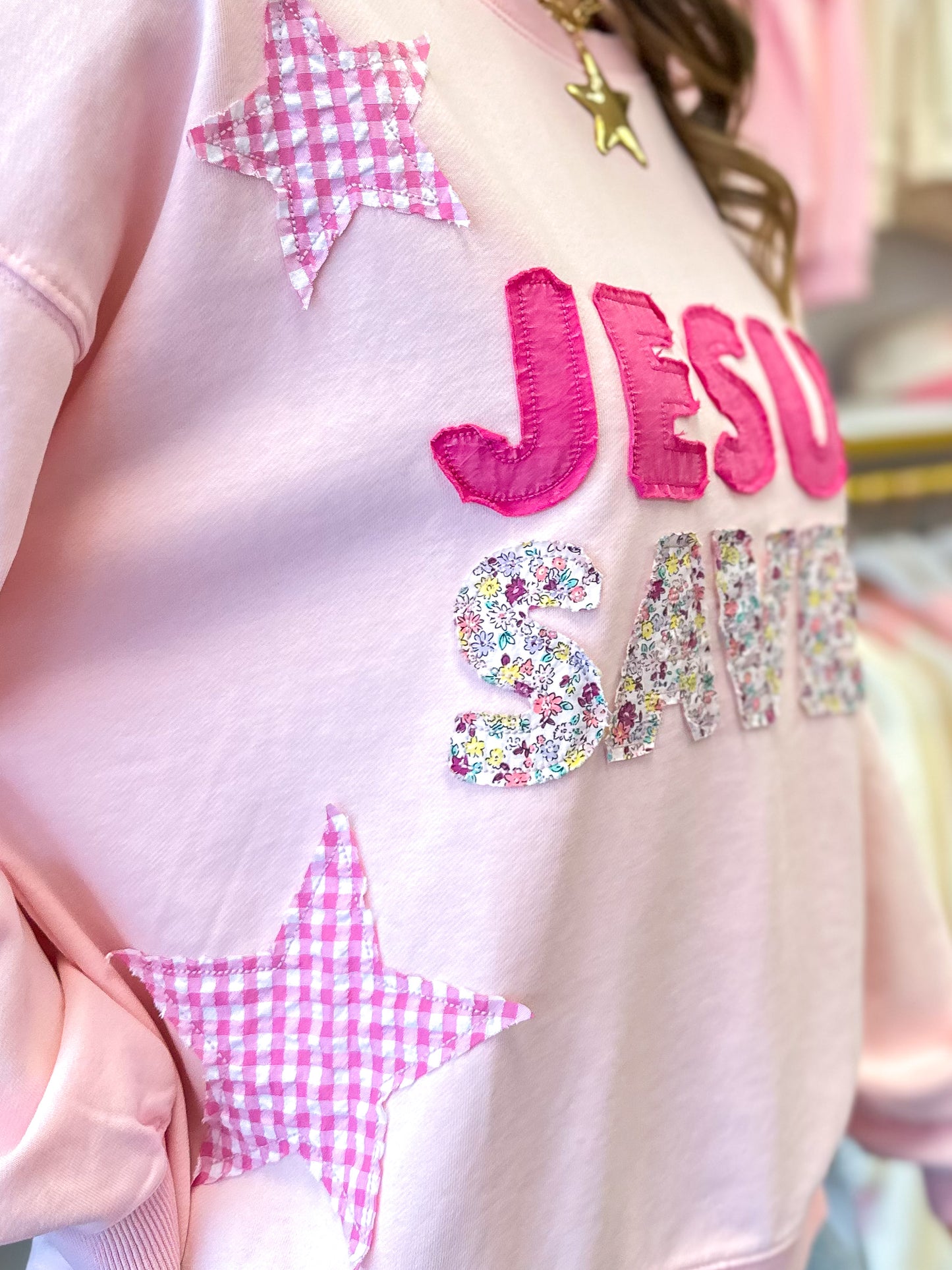 Jesus Saves Patchwork Crewneck - Icy Pink