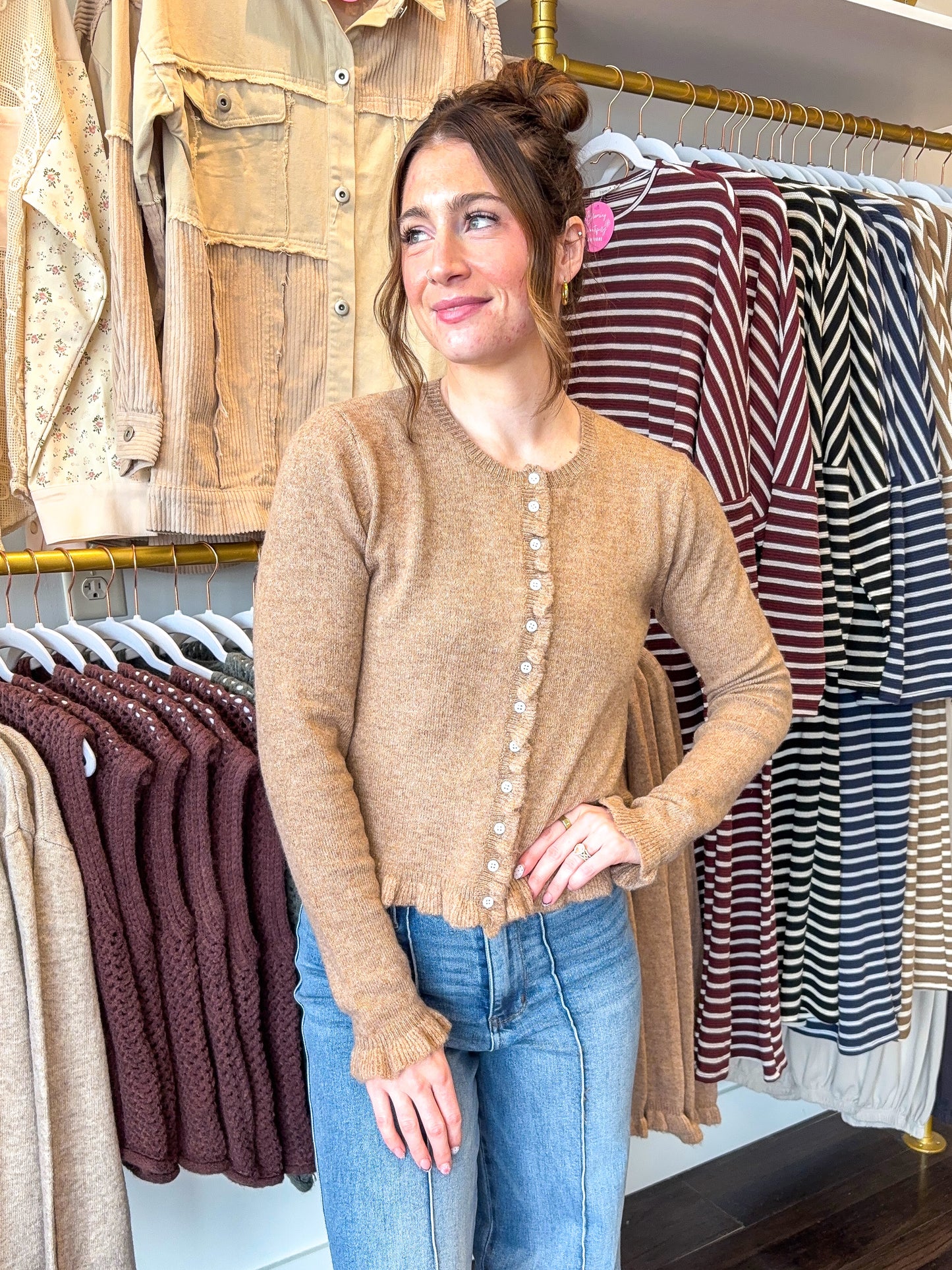 Mabel Ruffle Knit Cardigan - Caramel