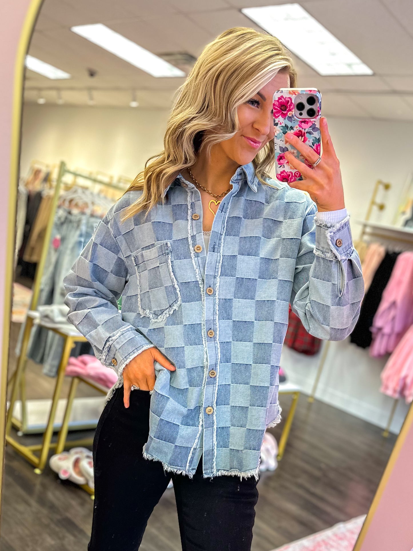 Checkered Chic Denim Shacket