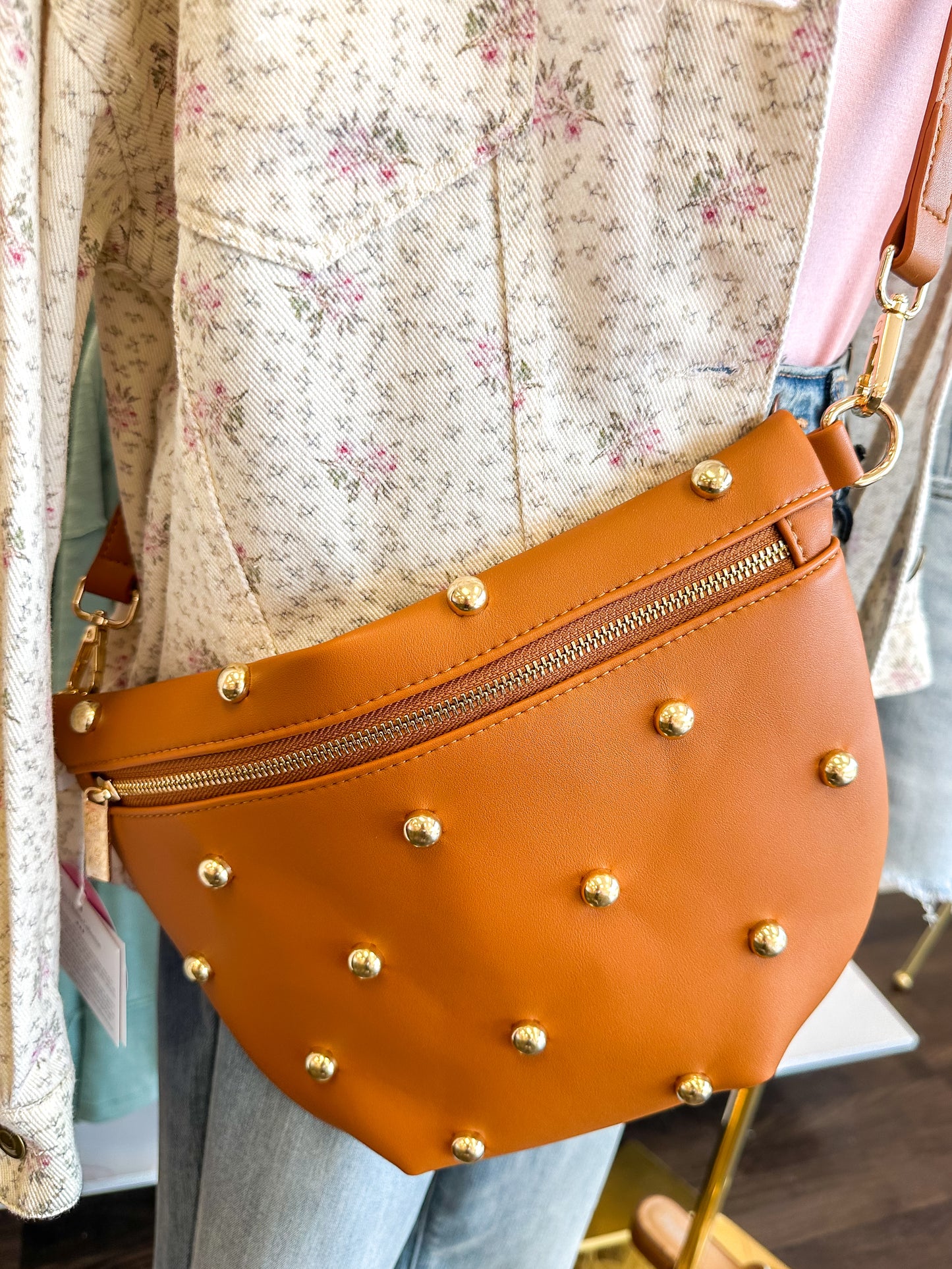Chic Gold Studded Westlyn Bum Bag - Brown