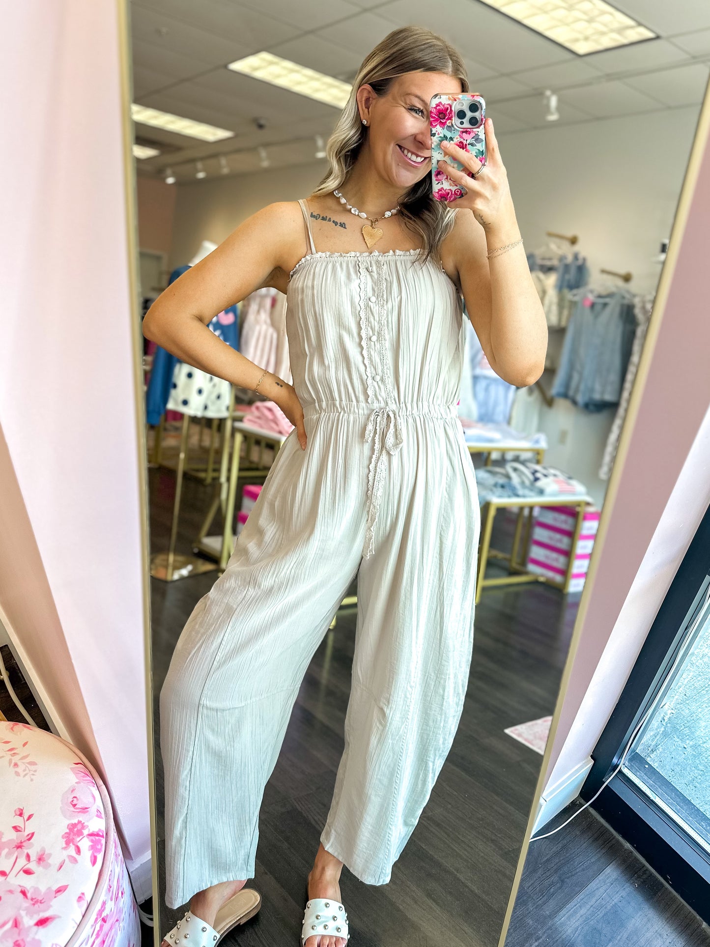 Lace Luxe Barrel Jumpsuit - Soft Beige