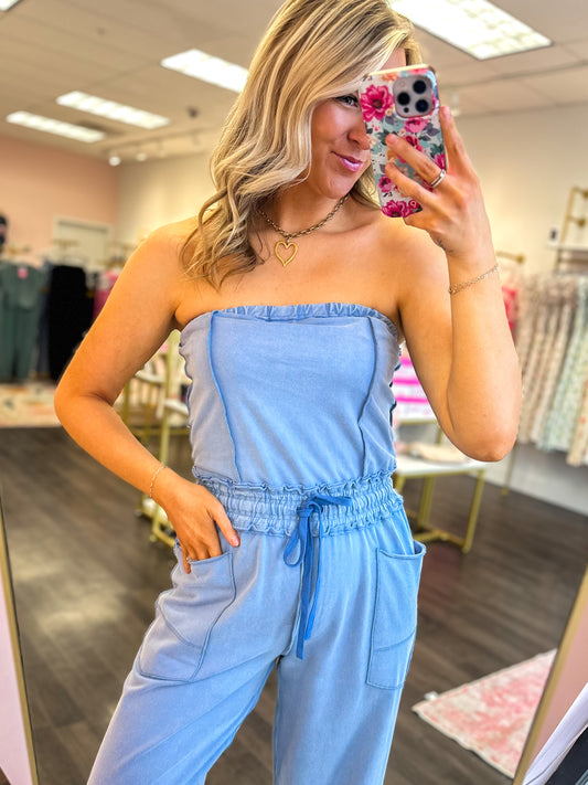 Sloane Strapless Jumpsuit - Washed Blue