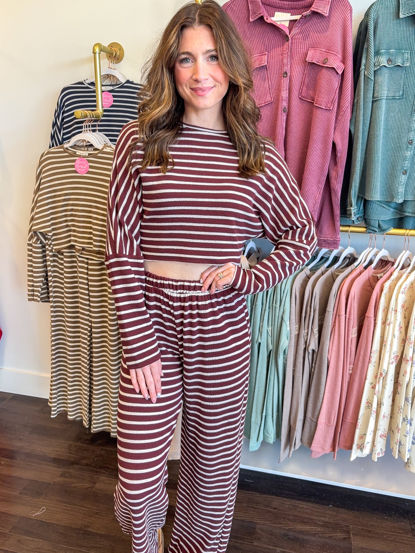 Slow Sundays Striped Pant Set - Wine/Natural