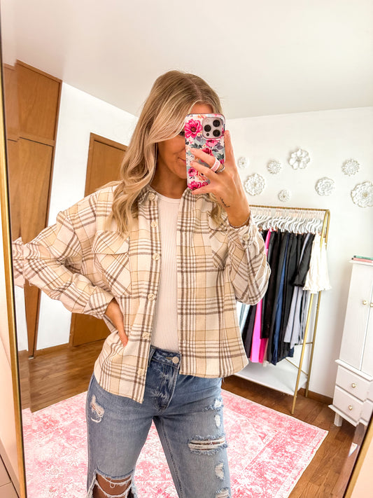 Payton Plaid Flap 2 Pocket Over Shirt - Taupe