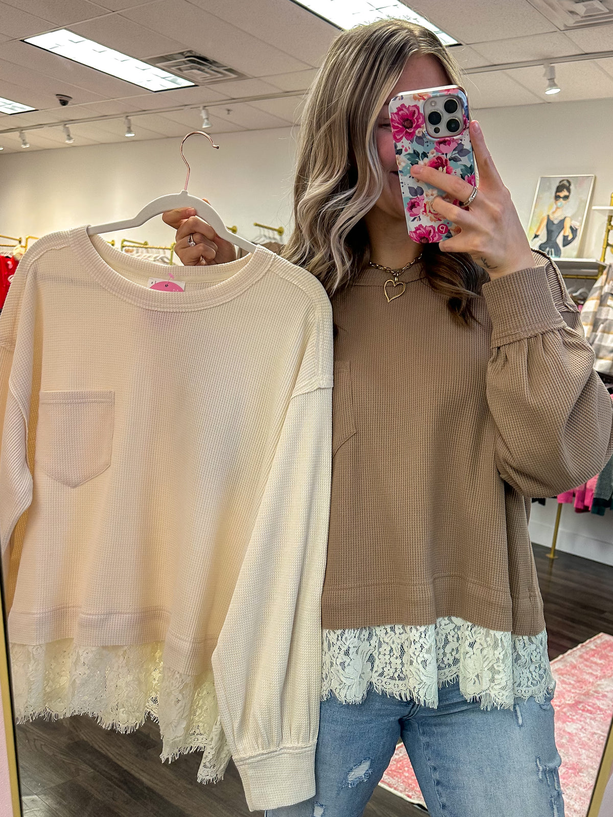 Lottie Lace Trim Thermal Top - Latte