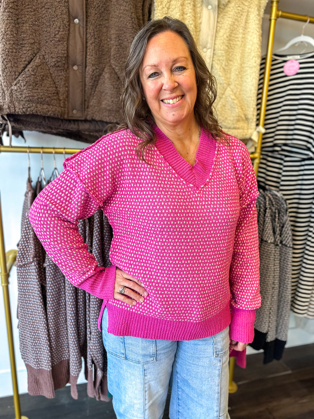 Callie Contrast Stitch Sweater - Hot Pink