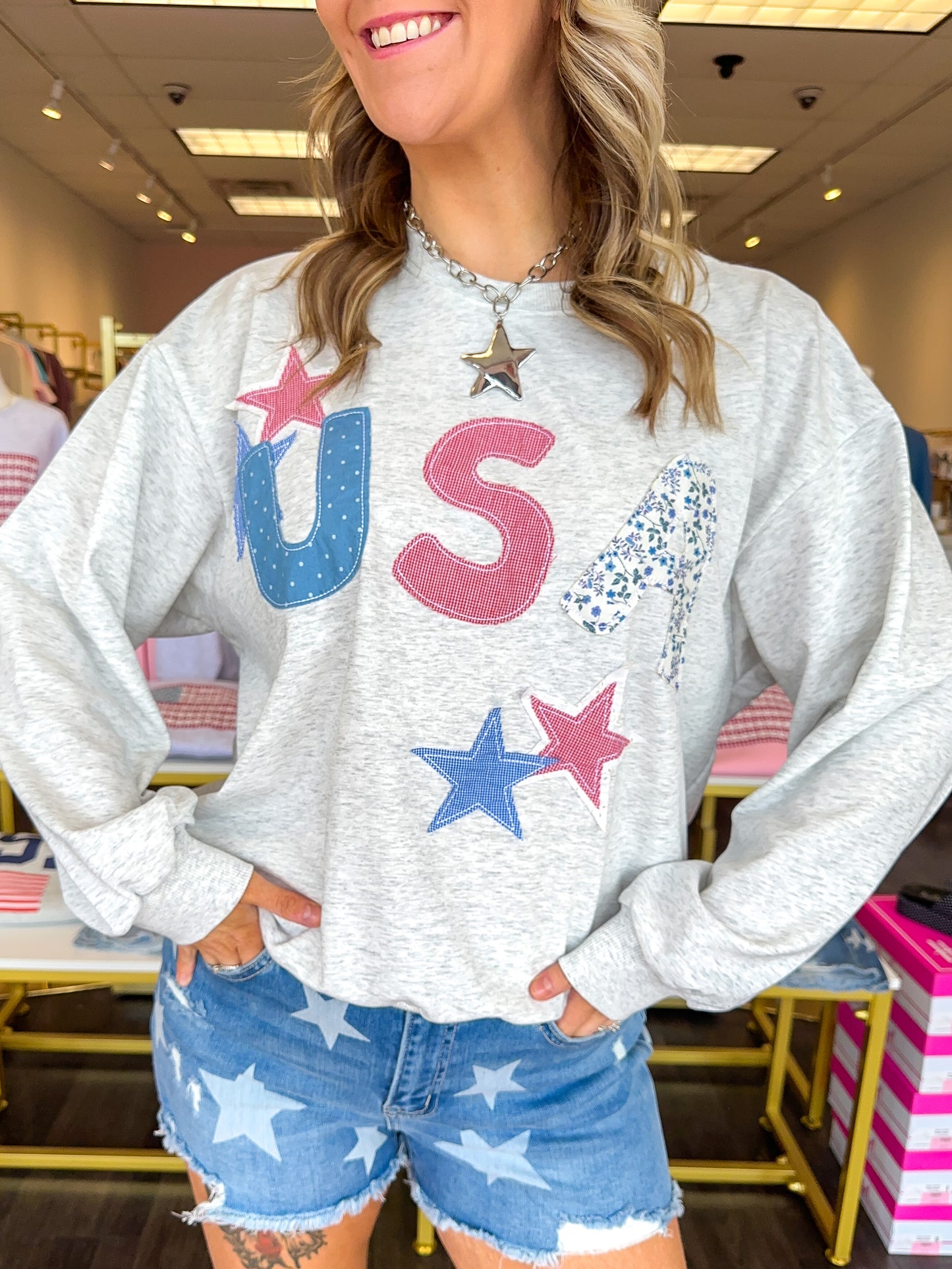 USA Patchwork Star Sweatshirt - Heather Ivory