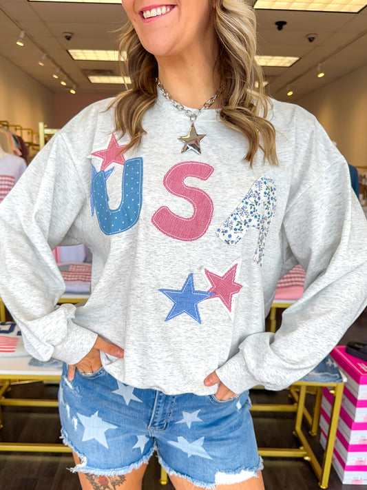 USA Patchwork Star Sweatshirt - Heather Ivory
