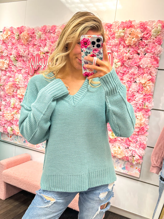 Cozy Days Oversized Chunky Knit V-Neck Sweater - Ocean