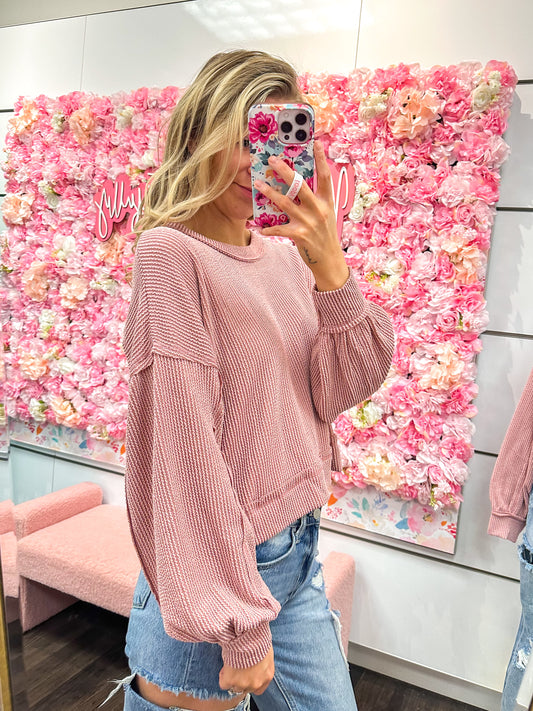 Tori Two Tone Otto Ribbed Oversized Soft Comfy Knit Top - Pink