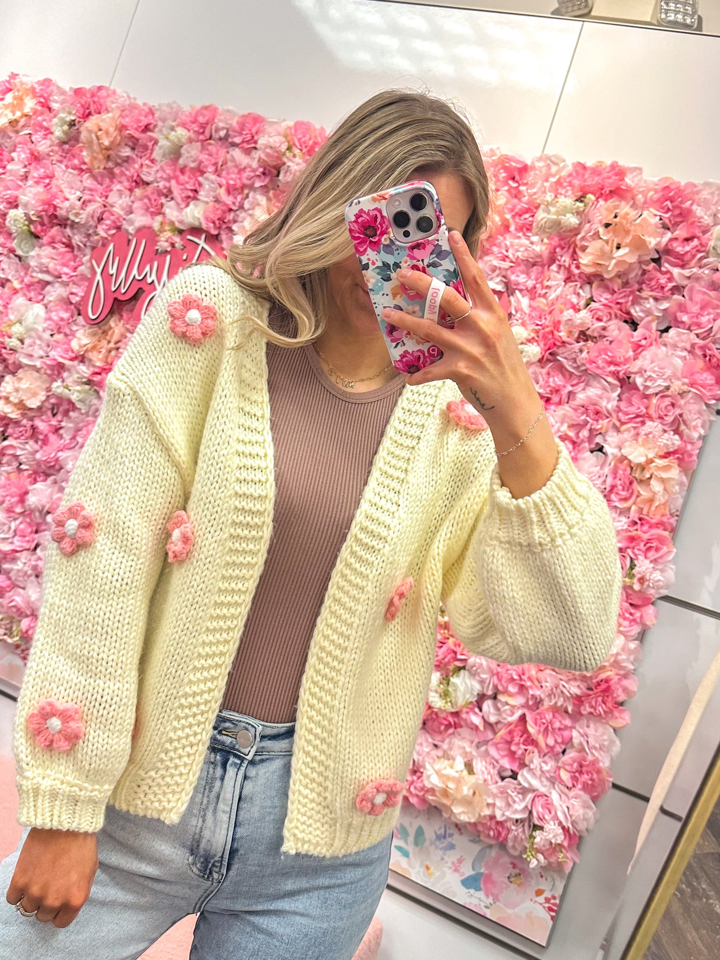 Camila Crochet Flower Knit Cardigan - Cream