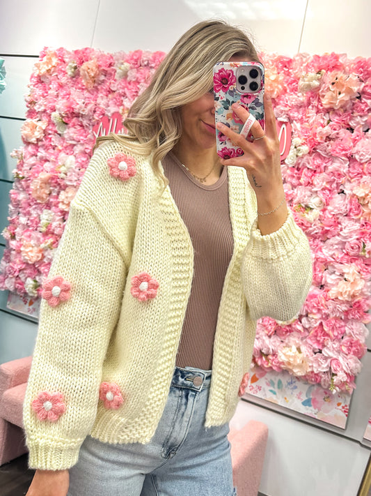 Camila Crochet Flower Knit Cardigan - Cream