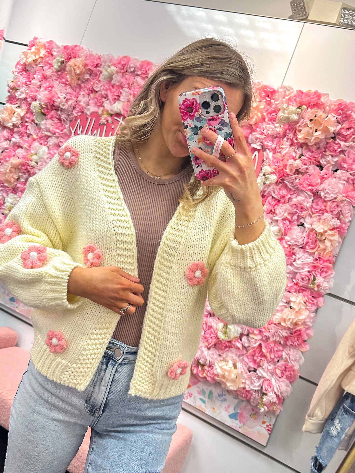 Camila Crochet Flower Knit Cardigan - Cream